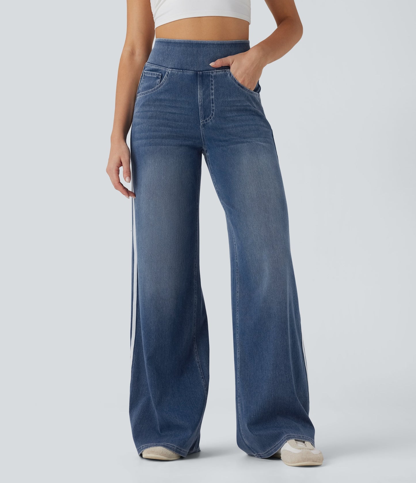 High Waisted Stripe Wide Leg Flowy Washed Casual Jeans with Pockets
