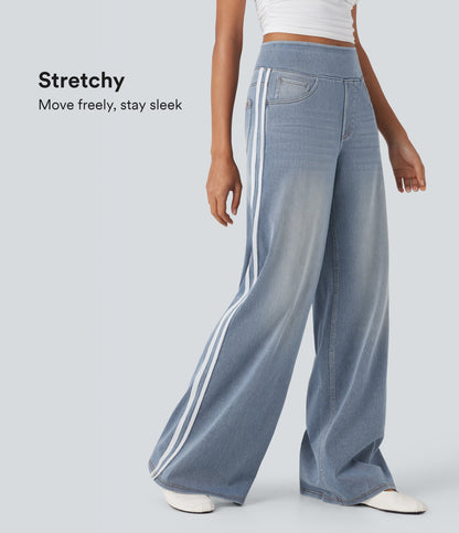 High Waisted Stripe Wide Leg Flowy Washed Casual Jeans with Pockets