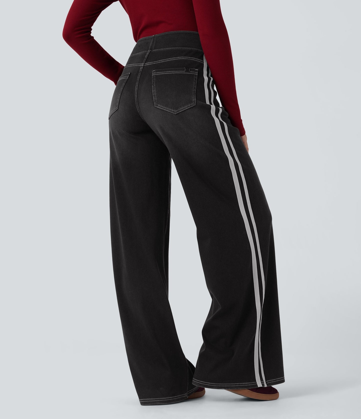 High Waisted Stripe Wide Leg Flowy Washed Casual Jeans with Pockets