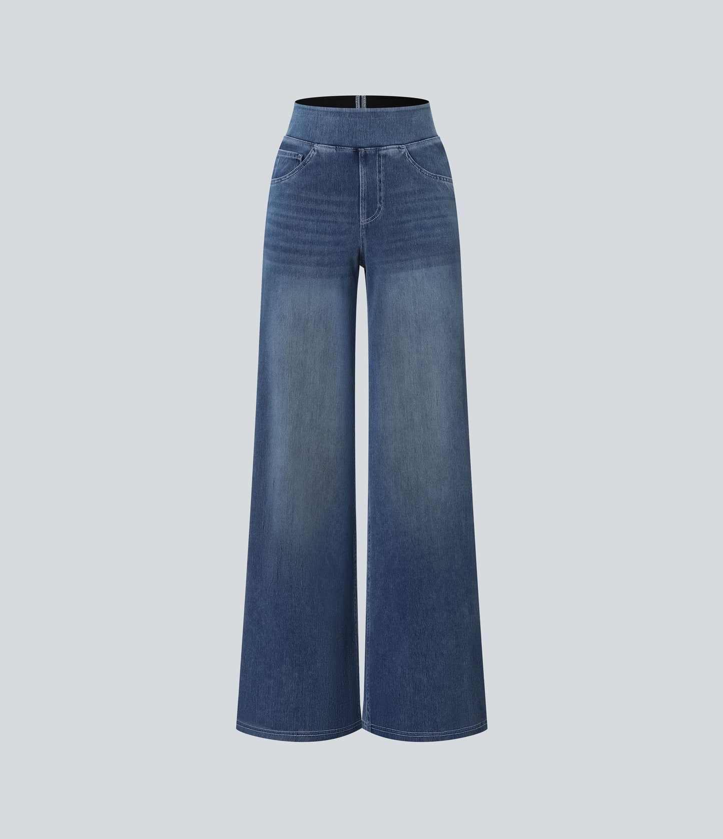 High Waisted Stripe Wide Leg Flowy Washed Casual Jeans with Pockets