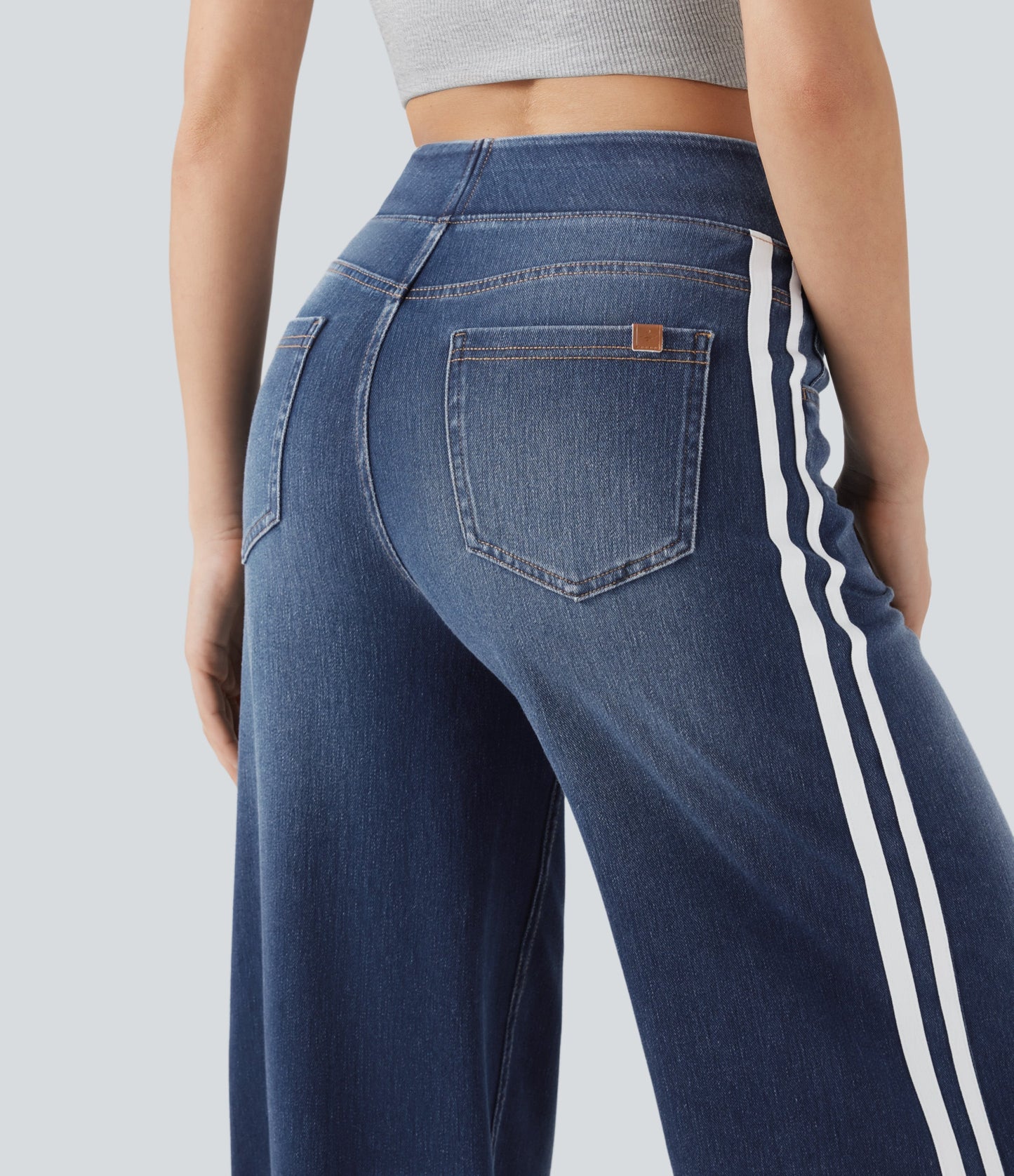 High Waisted Stripe Wide Leg Flowy Washed Casual Jeans with Pockets