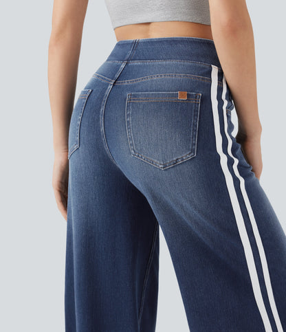High Waisted Stripe Wide Leg Flowy Washed Casual Jeans with Pockets