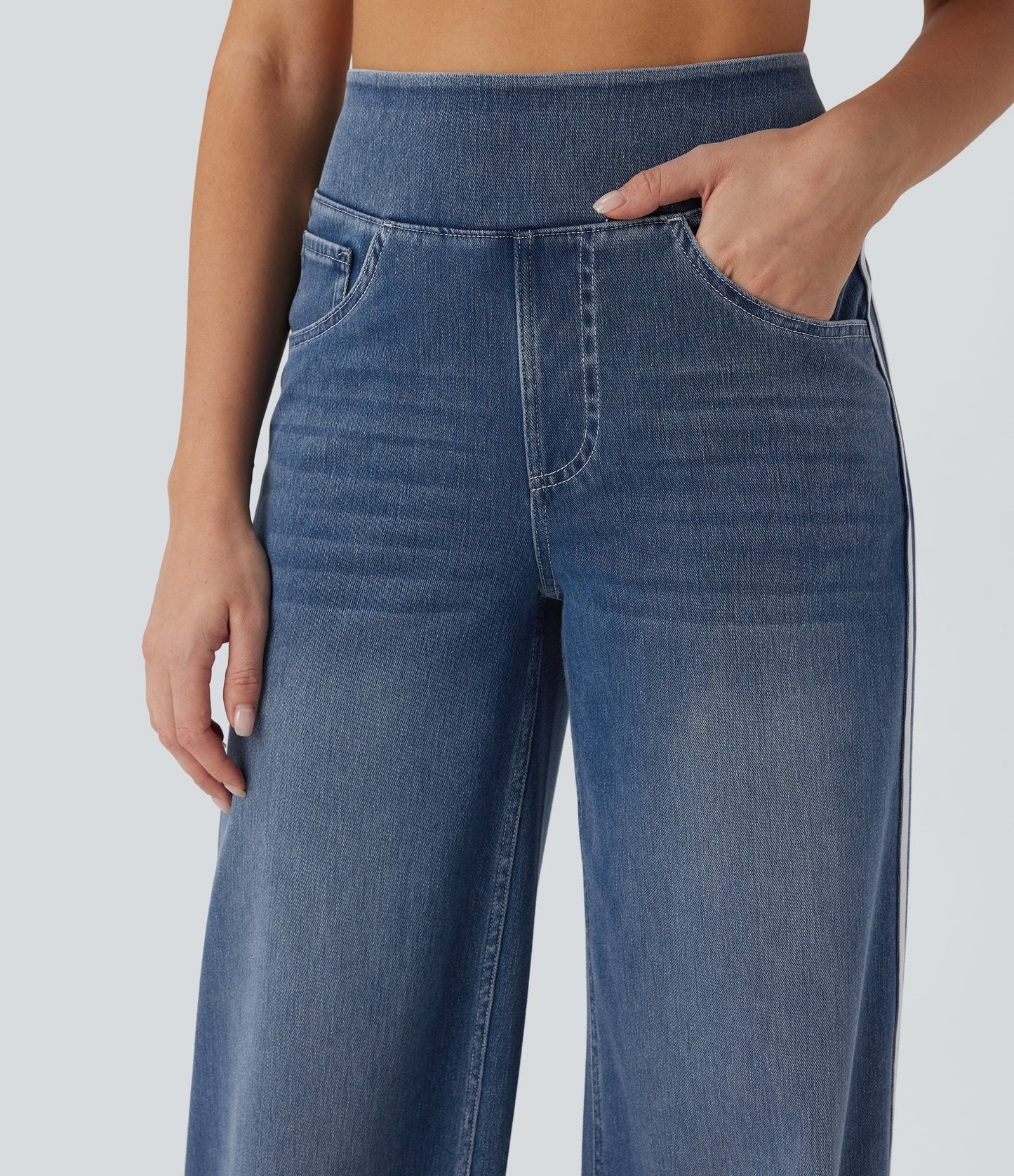 High Waisted Stripe Wide Leg Flowy Washed Casual Jeans with Pockets