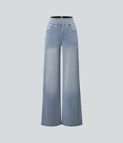 High Waisted Stripe Wide Leg Flowy Washed Casual Jeans with Pockets