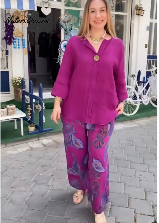 💝💝Women's Vintage Boho Floral Print Loose Cotton And Linen Long-sleeved Tops And Straight Pants Two-piece Set