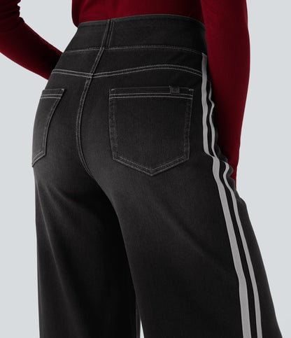 High Waisted Stripe Wide Leg Flowy Washed Casual Jeans with Pockets