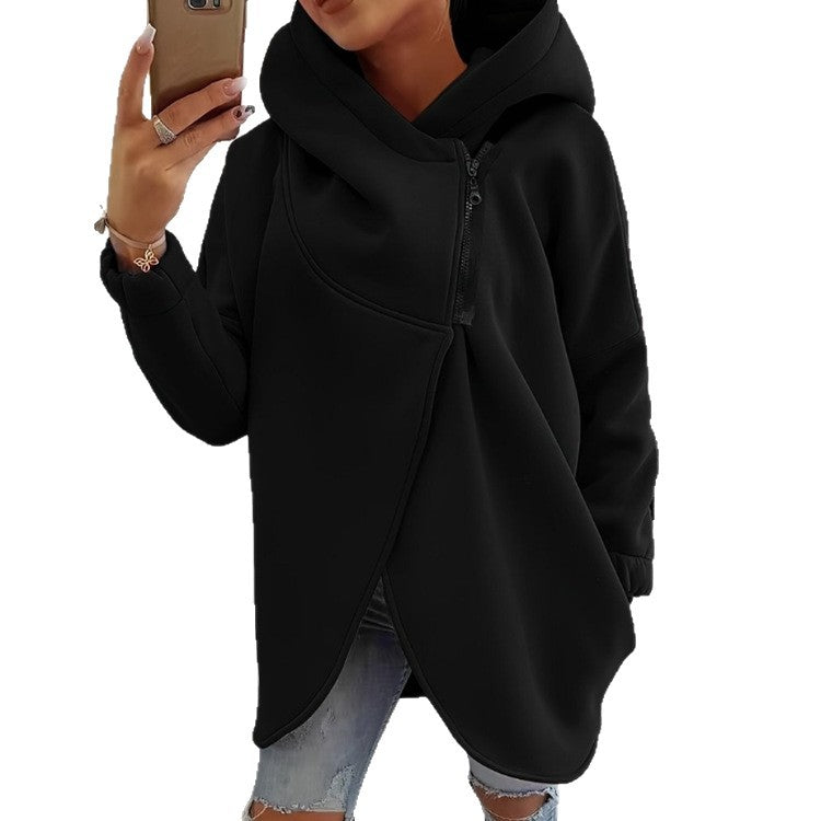 Uaang Hooded Sports Plus Velvet Tunic Casual Long-Sleeved Zipper Coat Women's Plus-Size Solid Color Coat