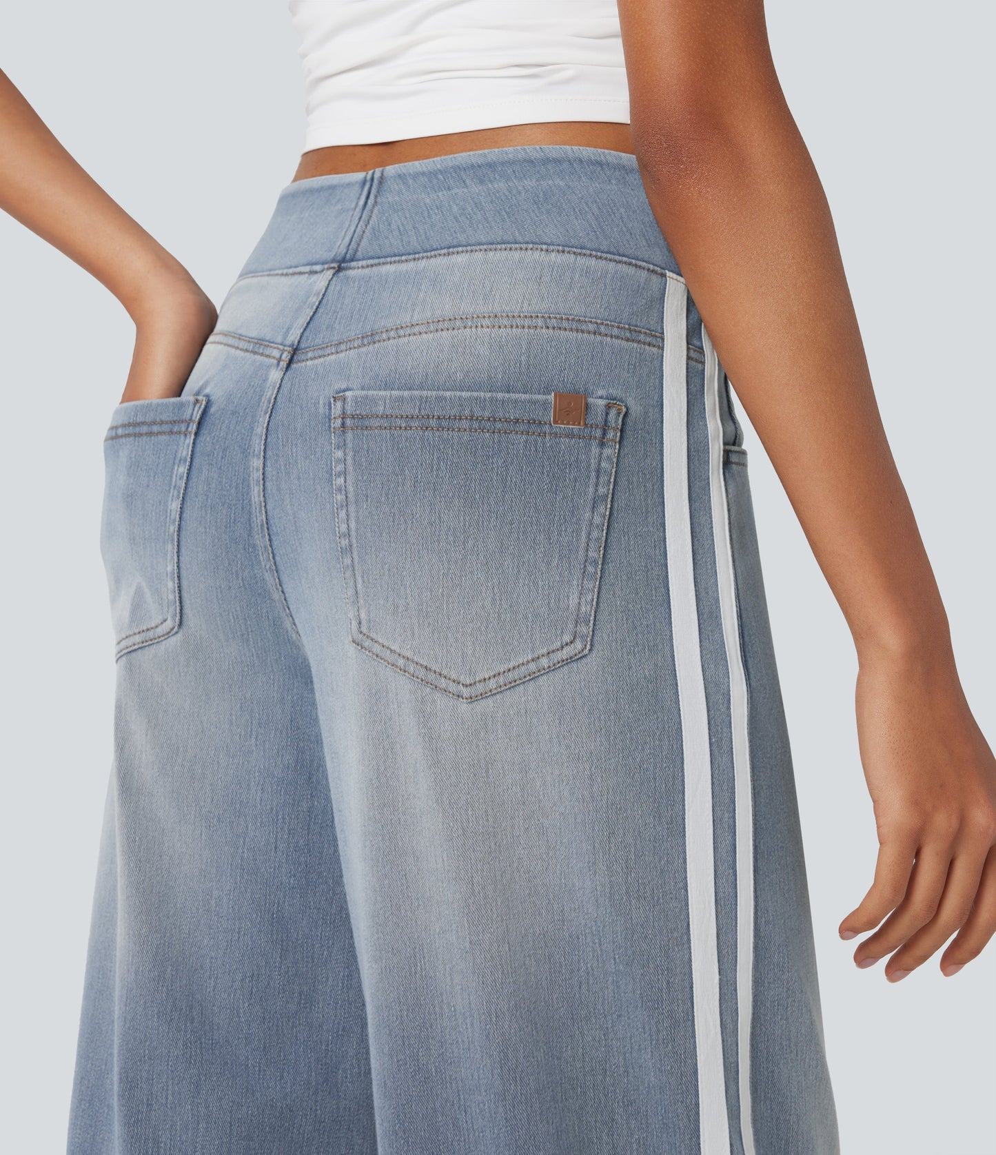High Waisted Stripe Wide Leg Flowy Washed Casual Jeans with Pockets