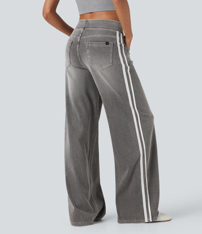 High Waisted Stripe Wide Leg Flowy Washed Casual Jeans with Pockets