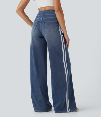 High Waisted Stripe Wide Leg Flowy Washed Casual Jeans with Pockets