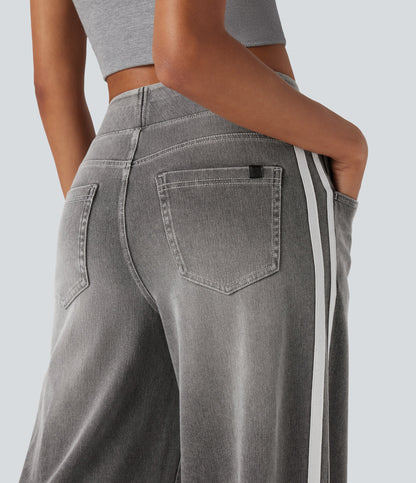 High Waisted Stripe Wide Leg Flowy Washed Casual Jeans with Pockets