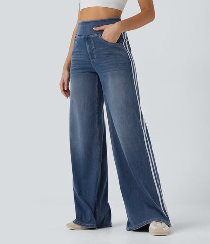 High Waisted Stripe Wide Leg Flowy Washed Casual Jeans with Pockets