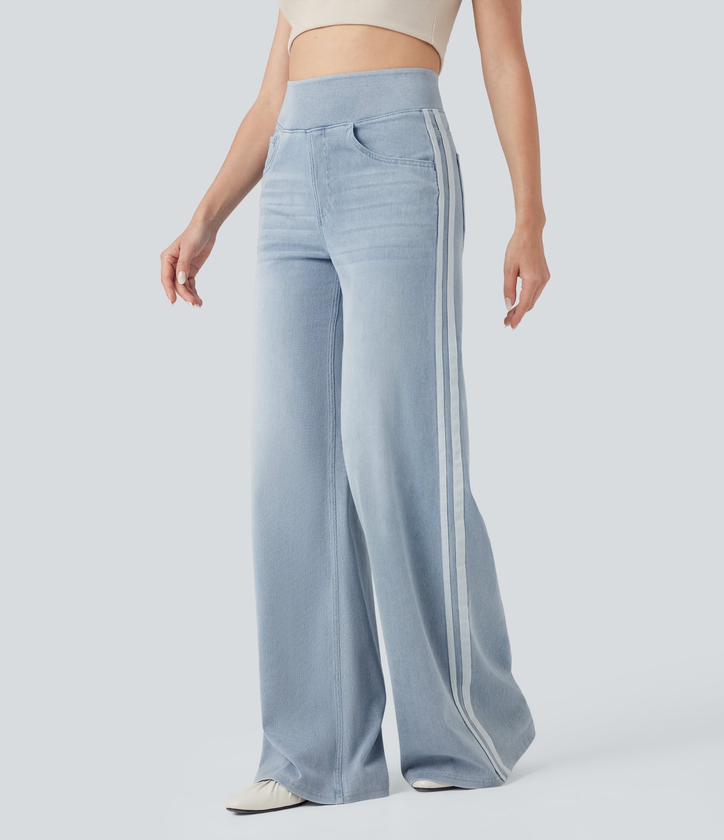 High Waisted Stripe Wide Leg Flowy Washed Casual Jeans with Pockets