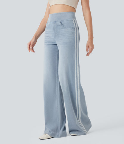 High Waisted Stripe Wide Leg Flowy Washed Casual Jeans with Pockets