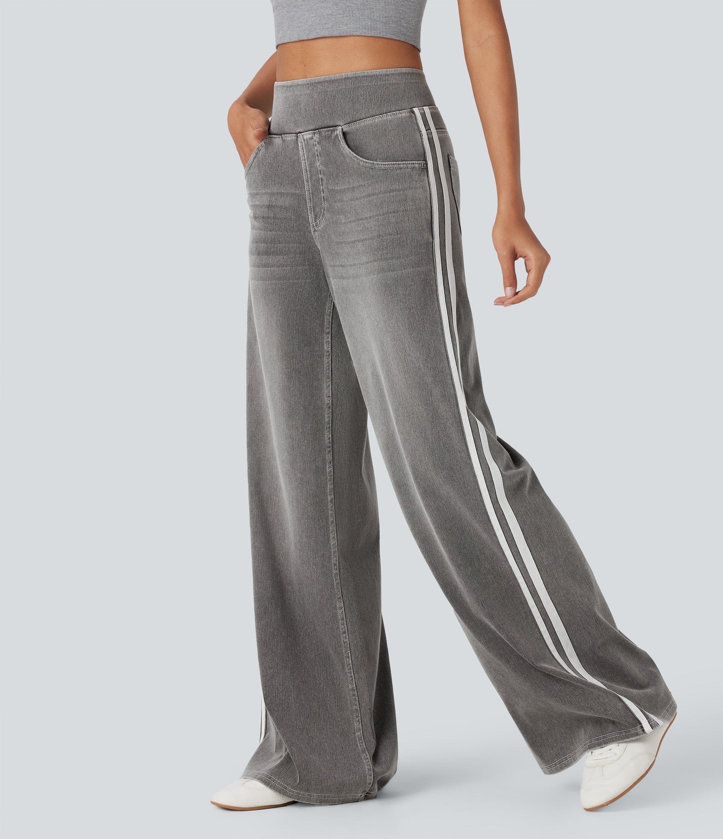 High Waisted Stripe Wide Leg Flowy Washed Casual Jeans with Pockets