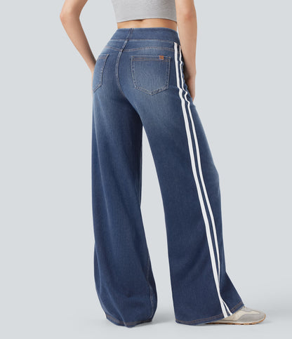 High Waisted Stripe Wide Leg Flowy Washed Casual Jeans with Pockets