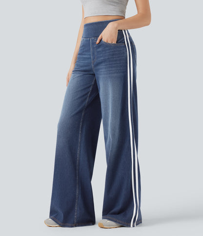 High Waisted Stripe Wide Leg Flowy Washed Casual Jeans with Pockets