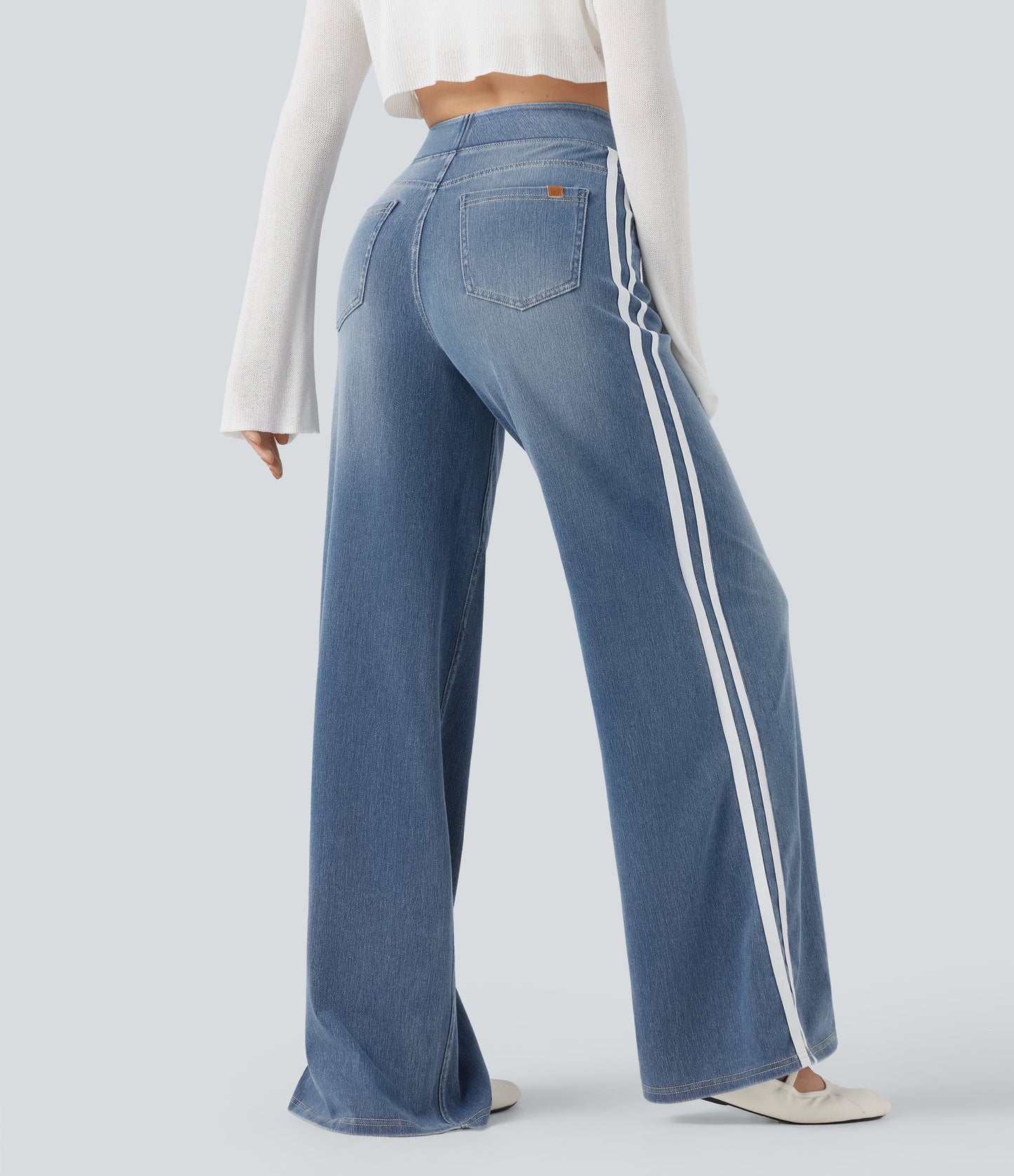High Waisted Stripe Wide Leg Flowy Washed Casual Jeans with Pockets