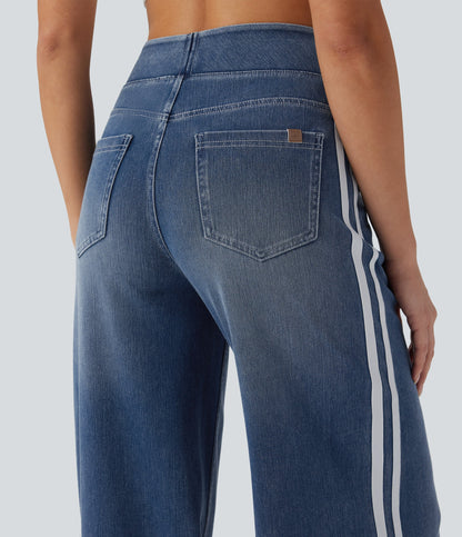 High Waisted Stripe Wide Leg Flowy Washed Casual Jeans with Pockets