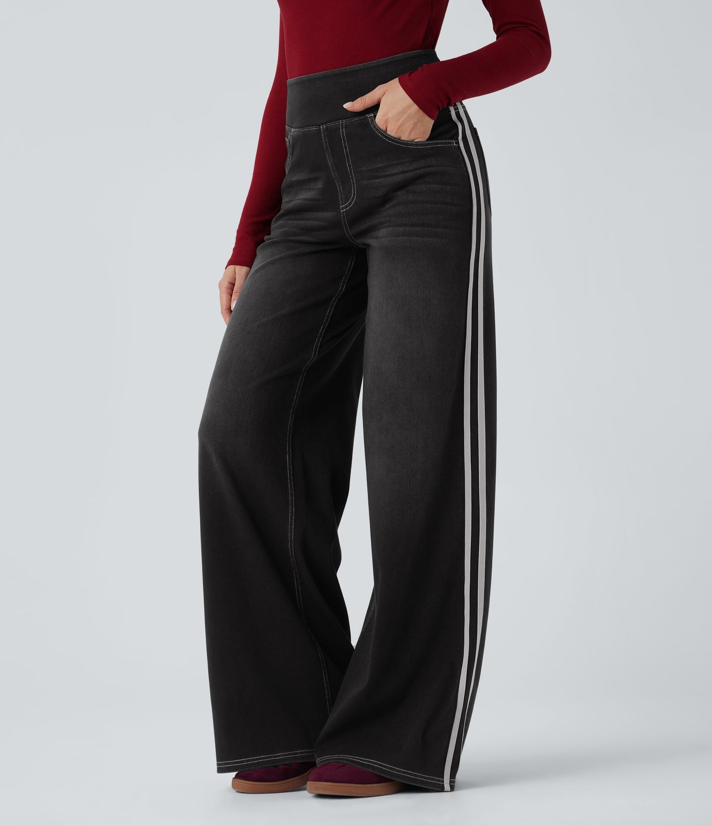 High Waisted Stripe Wide Leg Flowy Washed Casual Jeans with Pockets