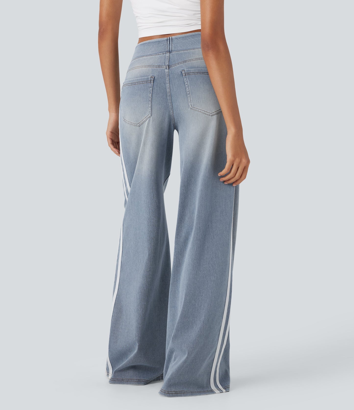 High Waisted Stripe Wide Leg Flowy Washed Casual Jeans with Pockets