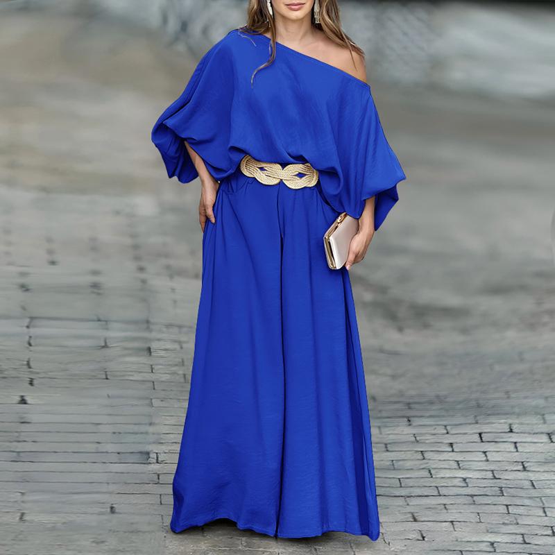 2026 ChicMe Women's Skew Neck Lantern Sleeve Top & Wide Leg Pants Set – Perfect for Valentine's Day, Wedding & Wedding Guest Looks