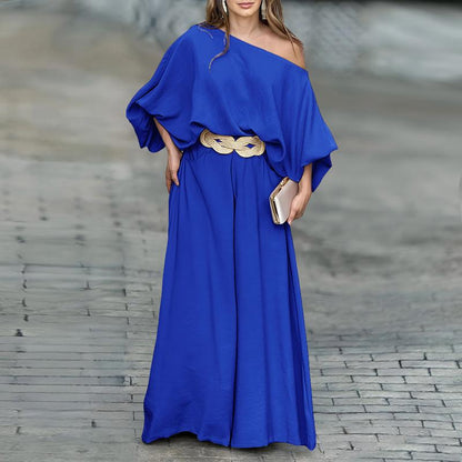 2026 ChicMe Women's Skew Neck Lantern Sleeve Top & Wide Leg Pants Set – Perfect for Valentine's Day, Wedding & Wedding Guest Looks