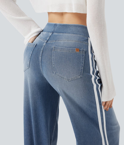 High Waisted Stripe Wide Leg Flowy Washed Casual Jeans with Pockets