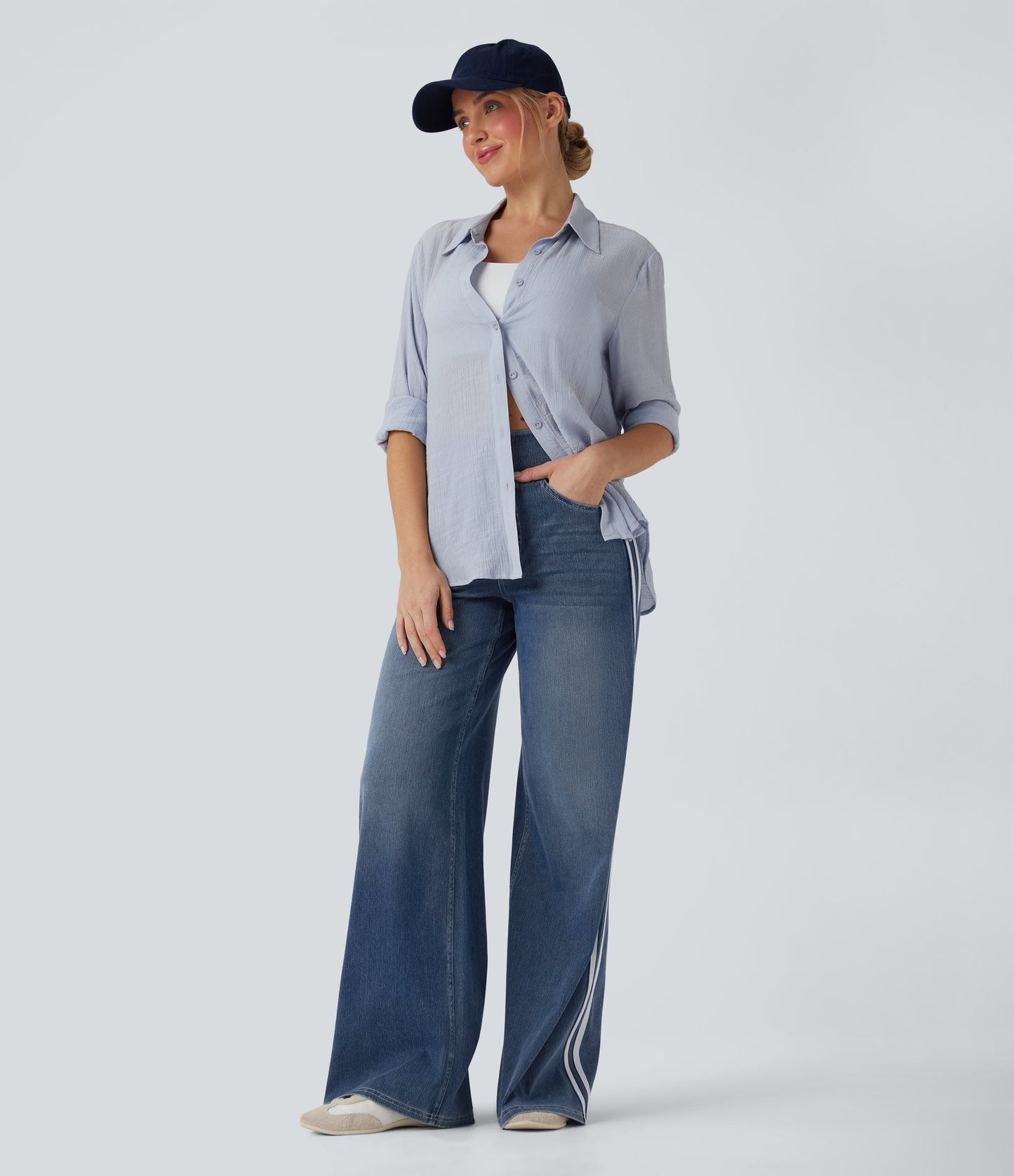 High Waisted Stripe Wide Leg Flowy Washed Casual Jeans with Pockets