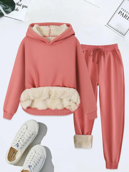 ❄️ Women's Thermal Lined Two-Piece Set – Solid Color Hoodie & Drawstring Waist Pants, Long Sleeve Casual Sweatshirt with Pocket Trousers for Fall & Winter