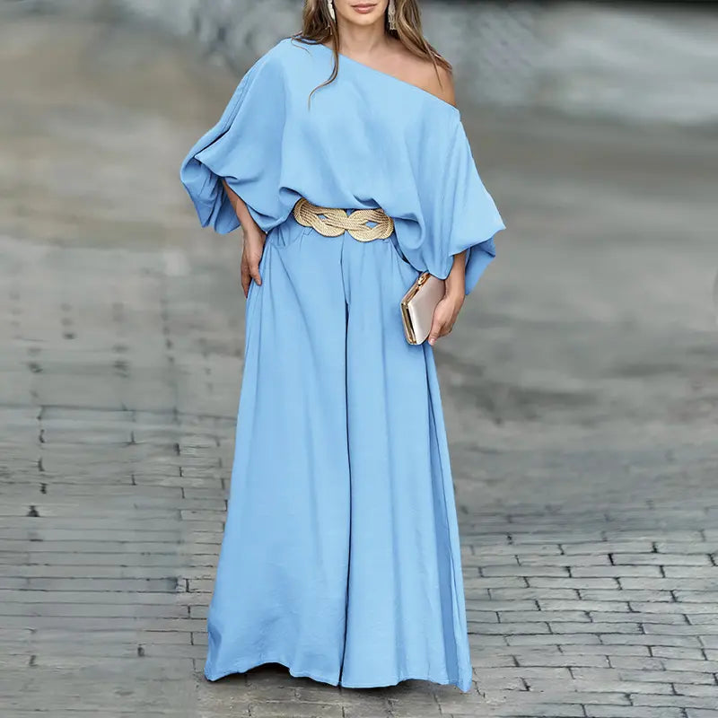 2026 ChicMe Women's Skew Neck Lantern Sleeve Top & Wide Leg Pants Set – Perfect for Valentine's Day, Wedding & Wedding Guest Looks