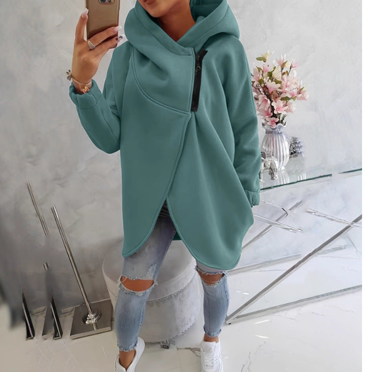 Uaang Hooded Sports Plus Velvet Tunic Casual Long-Sleeved Zipper Coat Women's Plus-Size Solid Color Coat