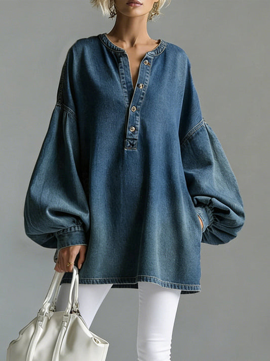 💝💝Women's V-neck Long-sleeved Casual Loose Denim Top